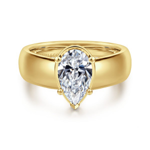 Gabriel & Co. ER16304P6Y44JJ 14 karat yellow gold Contemporary engagement ring, front view of a pear shaped center in a thin rim above a broad polished band