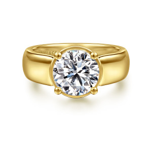 Gabriel & Co. ER16304R10Y44JJ 14 karat yellow gold Contemporary engagement ring, front view of a round center in a thin circular collar with four rounded prong tips