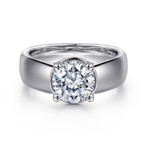 Gabriel & Co. ER16304R6W44JJ 14 karat white gold Contemporary engagement ring, front view of a round center in ball tipped prongs on a broad polished band