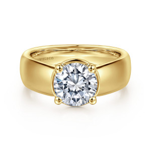 Gabriel & Co. ER16304R6Y44JJ 14 karat yellow gold Contemporary engagement ring, front view of a round center on ball tipped prongs against a broad smooth band