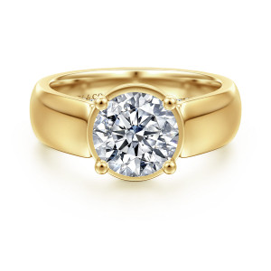 Gabriel & Co. ER16304R8Y44JJ 14 karat yellow gold Contemporary engagement ring, front view of a round center in a flat collar between wide smooth shoulders