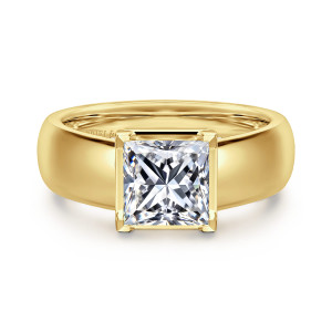 Gabriel & Co. ER16304S6Y44JJ 14 karat yellow gold Contemporary engagement ring, front view of a princess cut center in a squared head with angular corner claws