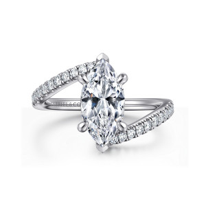 Gabriel & Co. ER16320M6W44JJ 14 karat white gold Contemporary engagement ring, front view of the band arms sweeping past a marquise center with guarded points