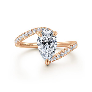Gabriel & Co. ER16320P6K44JJ 14 karat rose gold Contemporary engagement ring, front view of diamond set band ends sweeping past the point and wide end of the pear