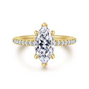 Gabriel & Co. ER16321M6Y44JJ 14 karat yellow gold Classic engagement ring, front view of a marquise center with pointed tip prongs and diamonds along both shoulders