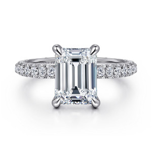 Gabriel & Co. ER16327E12W44JJ 14 karat white gold Classic engagement ring, front view of an emerald cut center held at the corners by claws with pave on both shoulders