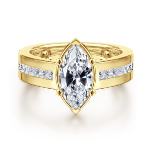 Gabriel & Co. ER16328M6Y44JJ 14 karat yellow gold Contemporary engagement ring, front view of a marquise center with ball tipped prongs above a wide band of channel set squares