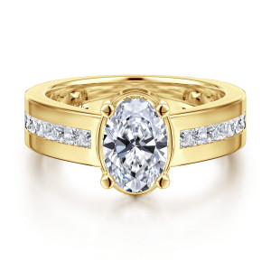 Gabriel & Co. ER16328O6Y44JJ 14 karat yellow gold Contemporary engagement ring, front view of an oval center inside a thin rim between two channels of square stones