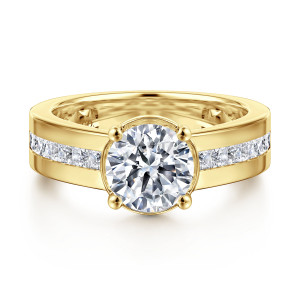 Gabriel & Co. ER16328R6Y44JJ 14 karat yellow gold Contemporary engagement ring, front view of the round center in ball tipped posts between channel set square stones