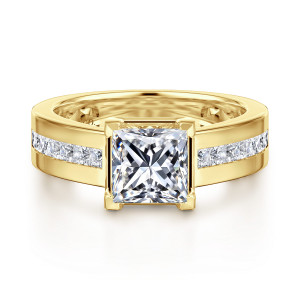 Gabriel & Co. ER16328S6Y44JJ 14 karat yellow gold Contemporary engagement ring, front view of a princess cut center in a square head between channels of square diamonds