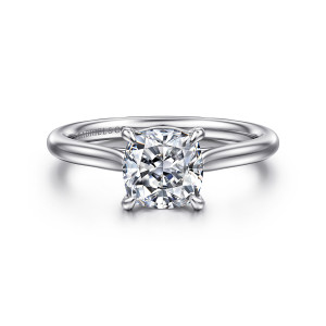 Gabriel & Co. ER16336C6W4JJJ 14 karat white gold Contemporary engagement ring, front view of a cushion cut center on four slim prongs above a smooth tapering band