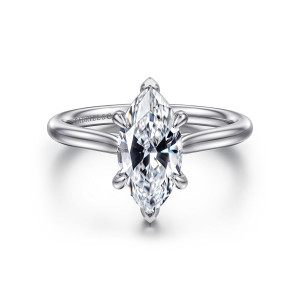 Gabriel & Co. ER16336M6W4JJJ 14 karat white gold Contemporary engagement ring, front view of a marquise center with pointed end prongs and four rounded side claws