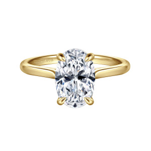 Gabriel & Co. ER16336O8Y4JJJ 14 karat yellow gold Contemporary engagement ring, front view of an oval center in four prongs with the plain shoulders sweeping up to the head