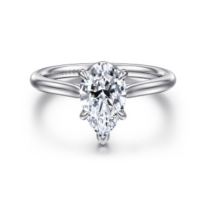 Gabriel & Co. ER16336P6W4JJJ 14 karat white gold Contemporary engagement ring, front view of a pear shaped center with a V claw at its point and smooth tapering shoulders