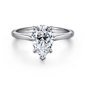 Gabriel & Co. ER16336P8W4JJJ 14 karat white gold Contemporary engagement ring, front view of a pear shaped center with a V shaped prong at its point