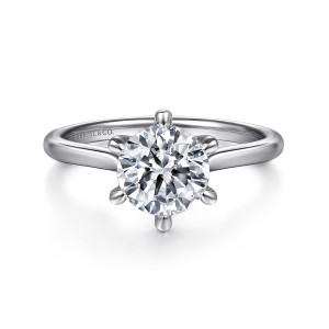 Gabriel & Co. ER16336R8W4JJJ 14 karat white gold Contemporary engagement ring, front view of a round center held by six rounded prongs above a smooth, polished band