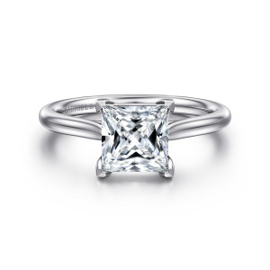 Gabriel & Co. ER16336S6W4JJJ 14 karat white gold Contemporary engagement ring, front view of a princess cut center gripped at each corner by a prong