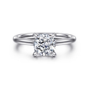 Gabriel & Co. ER16337C6W44JJ 14 karat white gold Contemporary engagement ring, front view of a cushion cut center held by four rounded prongs on a smooth band