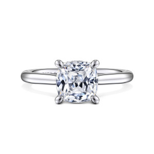 Gabriel & Co. ER16337C8W44JJ 14 karat white gold Contemporary engagement ring, front view of a cushion center in four teardrop shaped prongs with a plain band behind it
