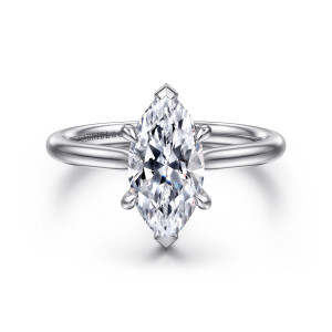 Gabriel & Co. ER16337M6W44JJ 14 karat white gold Contemporary engagement ring, front view of a marquise center with pointed V tips at each end and a smooth curved band
