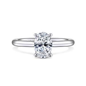 Gabriel & Co. ER16337O4W44JJ 14 karat white gold Contemporary engagement ring, front view of the oval center on four rounded claws above a smooth tapering band