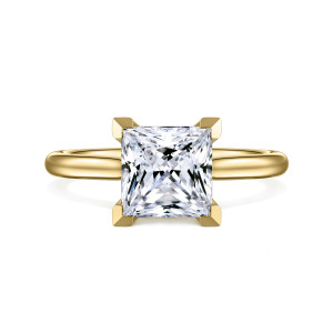 Gabriel & Co. ER16337S8Y44JJ 14 karat yellow gold Contemporary engagement ring, front view of a princess cut center framed by four angular corner prongs on a smooth band