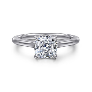 Gabriel & Co. ER16339C6W44JJ 14 karat white gold Classic engagement ring, front view of a cushion shaped center in four claws with the shoulders rising up on both sides