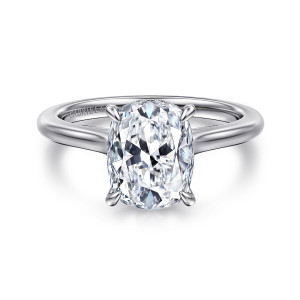 Gabriel & Co. ER16339G11W44JJ 14 karat white gold Classic engagement ring, front view of the elongated center on claw prongs above smooth sloping shoulders