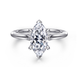 Gabriel & Co. ER16339M6W44JJ 14 karat white gold Classic engagement ring, front view of a marquise center with pointed end tips and smooth shoulders rising on both sides