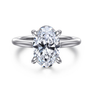 Gabriel & Co. ER16339O12W44JJ 14 karat white gold Classic engagement ring, front view of an oval center held by four teardrop tipped prongs on a smooth plain band