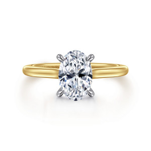 Gabriel & Co. ER16339O6M44JJ 14 karat white and yellow gold Classic engagement ring, front view of an oval center on four rounded claws over a smooth plain band