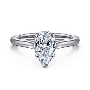 Gabriel & Co. ER16339P6W44JJ 14 karat white gold Classic engagement ring, front view of a pear shaped center with a pointed tip prong and shoulders tapering to the head
