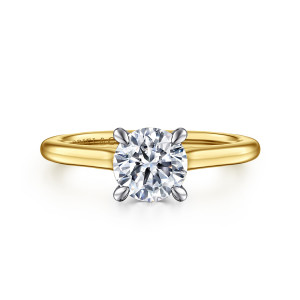 Gabriel & Co. ER16339R4M44JJ 14 karat white and yellow gold Classic engagement ring, front view of a round center held on four rounded prongs above a smooth tapering band