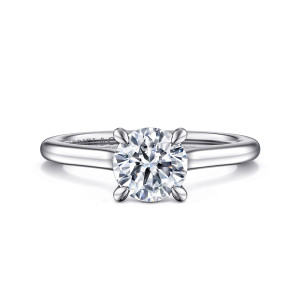 Gabriel & Co. ER16339R4W44JJ 14 karat white gold Classic engagement ring, front view of a round center between four teardrop prongs on a plain band