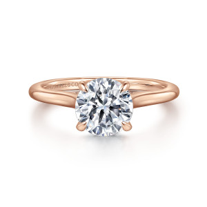Gabriel & Co. ER16339R6K44JJ 14 karat rose gold Classic engagement ring, front view of the round center in four rounded prongs on a tapering polished band