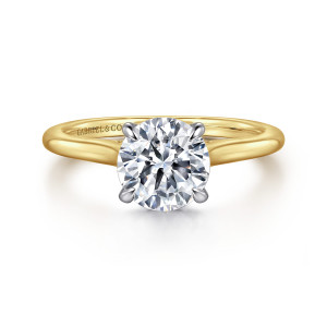 Gabriel & Co. ER16339R6M44JJ 14 karat white and yellow gold Classic engagement ring, front view of a round center with cooler toned prongs on a warmer toned smooth band
