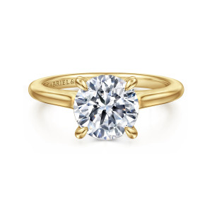 Gabriel & Co. ER16339R8Y44JJ 14 karat yellow gold Classic engagement ring, front view of a round center held by four teardrop tipped claws over a plain band