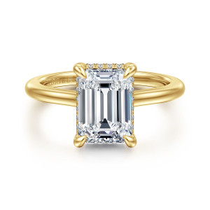 Gabriel & Co. ER16340E10Y44JJ 14 karat yellow gold Classic engagement ring, front view of an emerald cut center held by four claw prongs at its corners