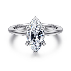 Gabriel & Co. ER16340M6W44JJ 14 karat white gold Classic engagement ring, front view of a marquise center with pointed end prongs and a beaded edge