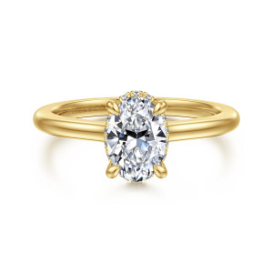 Gabriel & Co. ER16340O4Y44JJ 14 karat yellow gold Classic engagement ring, front view of an oval center with rounded prong tips and a plain band