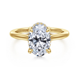 Gabriel & Co. ER16340O8Y44JJ 14 karat yellow gold Classic engagement ring, front view of an oval center with rounded tip prongs and a fine beaded halo edge