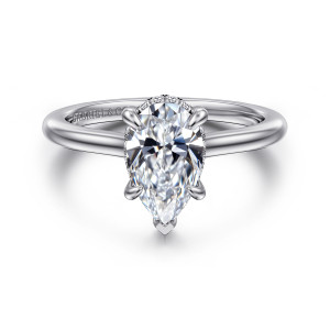 Gabriel & Co. ER16340P6W44JJ 14 karat white gold Classic engagement ring, front view of a pear shaped center with a pointed V tip and claws at its sides