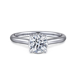 Gabriel & Co. ER16340R4W44JJ 14 karat white gold Classic engagement ring, front view of a round center held by four teardrop tipped prongs on a smooth plain band