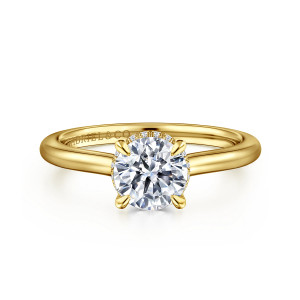 Gabriel & Co. ER16340R4Y44JJ 14 karat yellow gold Classic engagement ring, front view of a round center in four slim prongs with tiny stones showing at its edge