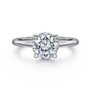 Gabriel & Co. ER16340R6PT4JJ platinum Classic engagement ring, front view of a round center in rounded claws above a plain smooth band
