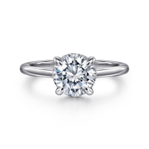 Gabriel & Co. ER16340R6W44JJ 14 karat white gold Classic engagement ring, front view of a round center with a fine beaded edge showing at its base