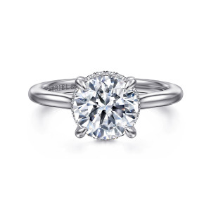 Gabriel & Co. ER16340R8W44JJ 14 karat white gold Classic engagement ring, front view of a round center in four rounded claws with a beaded edge behind it