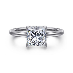 Gabriel & Co. ER16340S6W44JJ 14 karat white gold Classic engagement ring, front view of a princess cut center with crisp corner claws and diamonds peeking out beneath