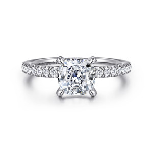 Gabriel & Co. ER16349C6W44JJ 14 karat white gold Classic engagement ring, front view of a cushion center with four claw prongs and round diamonds set along the band