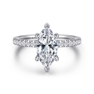 Gabriel & Co. ER16349M6W44JJ 14 karat white gold Classic engagement ring, front view of a marquise center with pointed tip prongs and diamonds along the shoulders